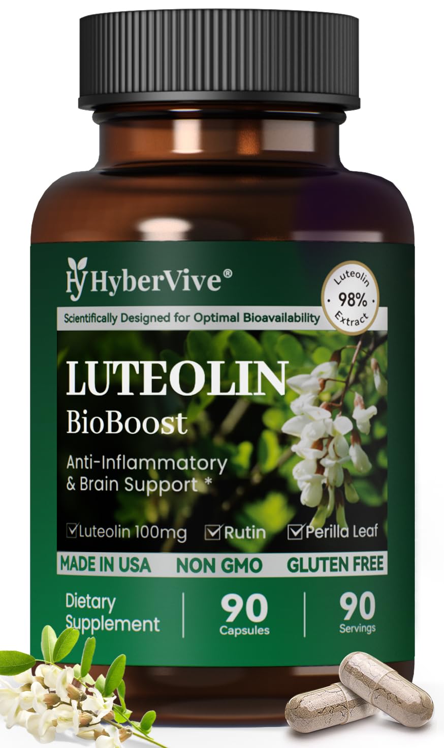 HyberVive Luteolin: bouteille de capsules prête à l’emploi, soutien cognitif potentiel.