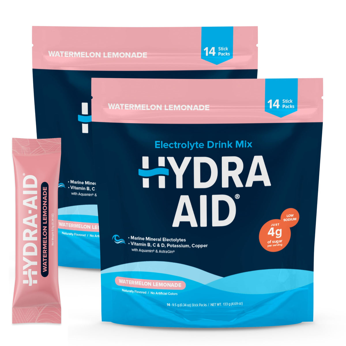 HYDRA AID sachets électrolyte citron-melon pour hydratation efficace sans goût salé.