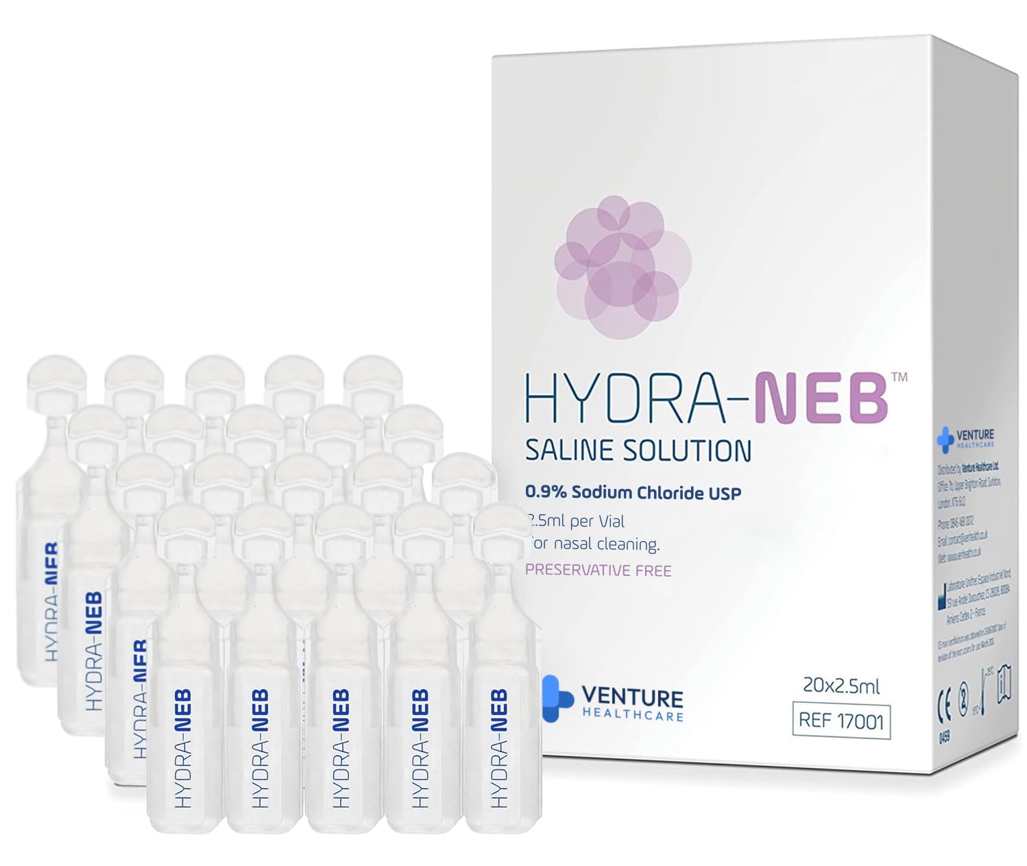 Hydra-Neb ampoules 2,5 ml prête à l'emploi pour rinçage nasal rapide.
