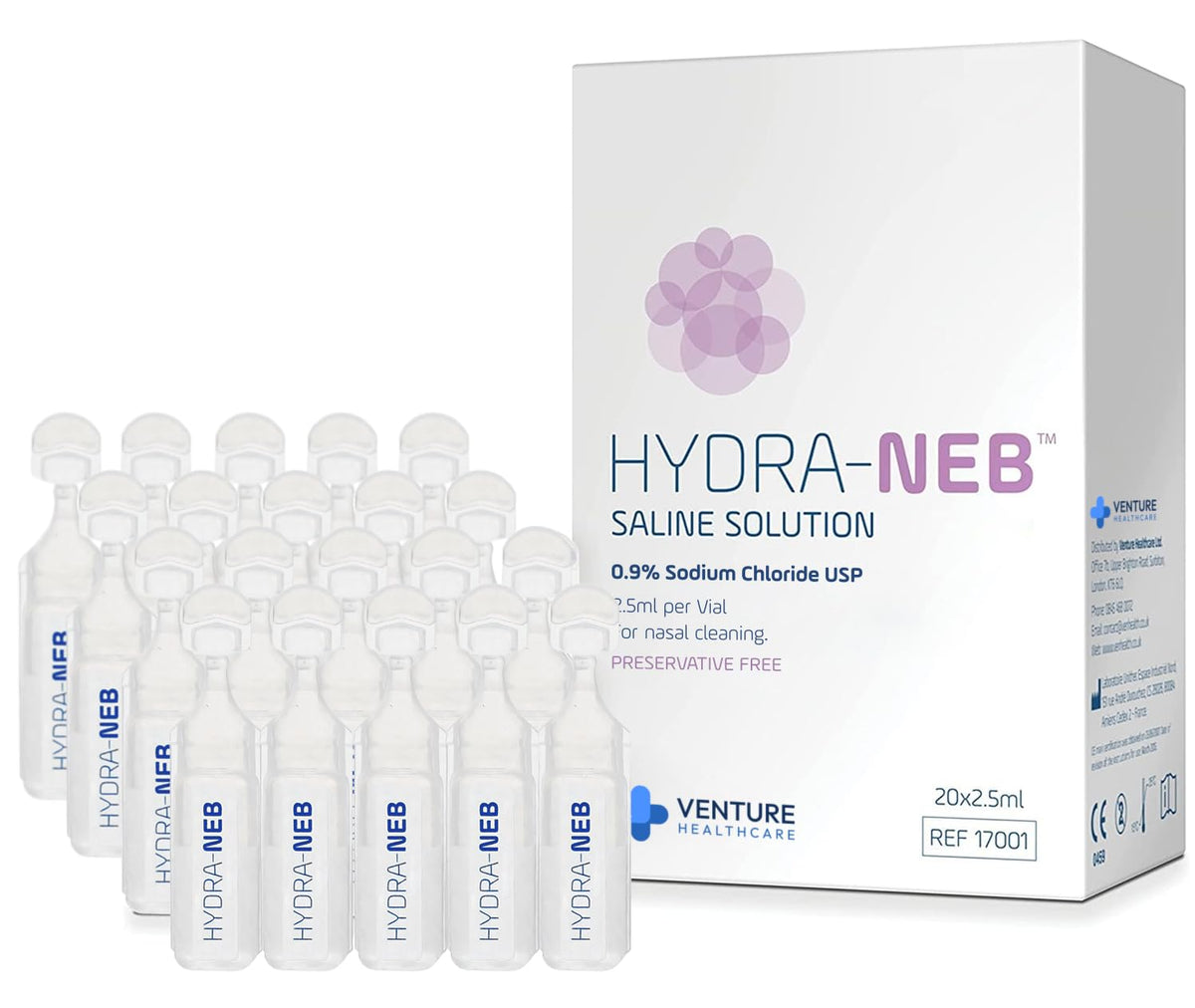 Hydra-Neb ampoules 2,5 ml prête à l'emploi pour rinçage nasal rapide.