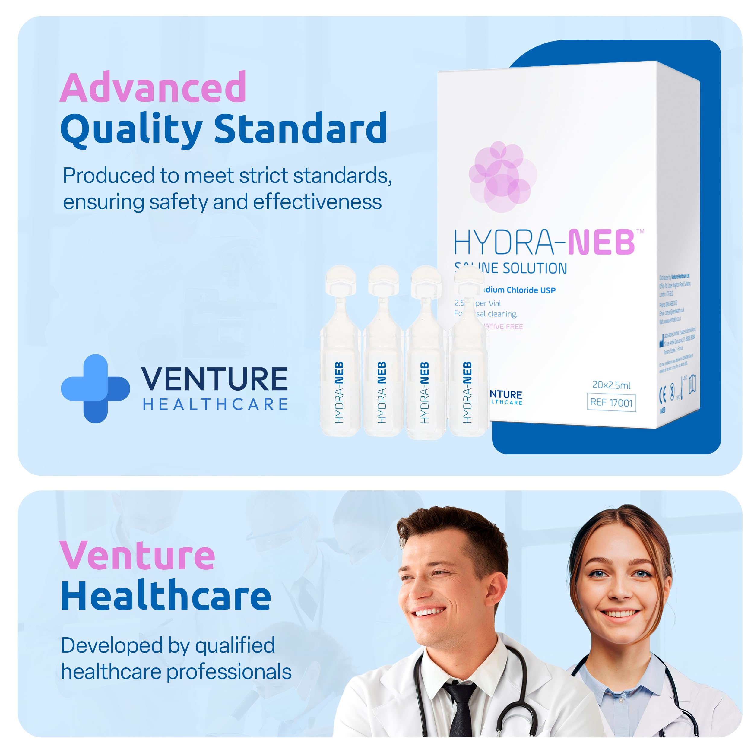 Hydra-Neb eau saline naturelle pour soins quotidiens sans conservateurs.