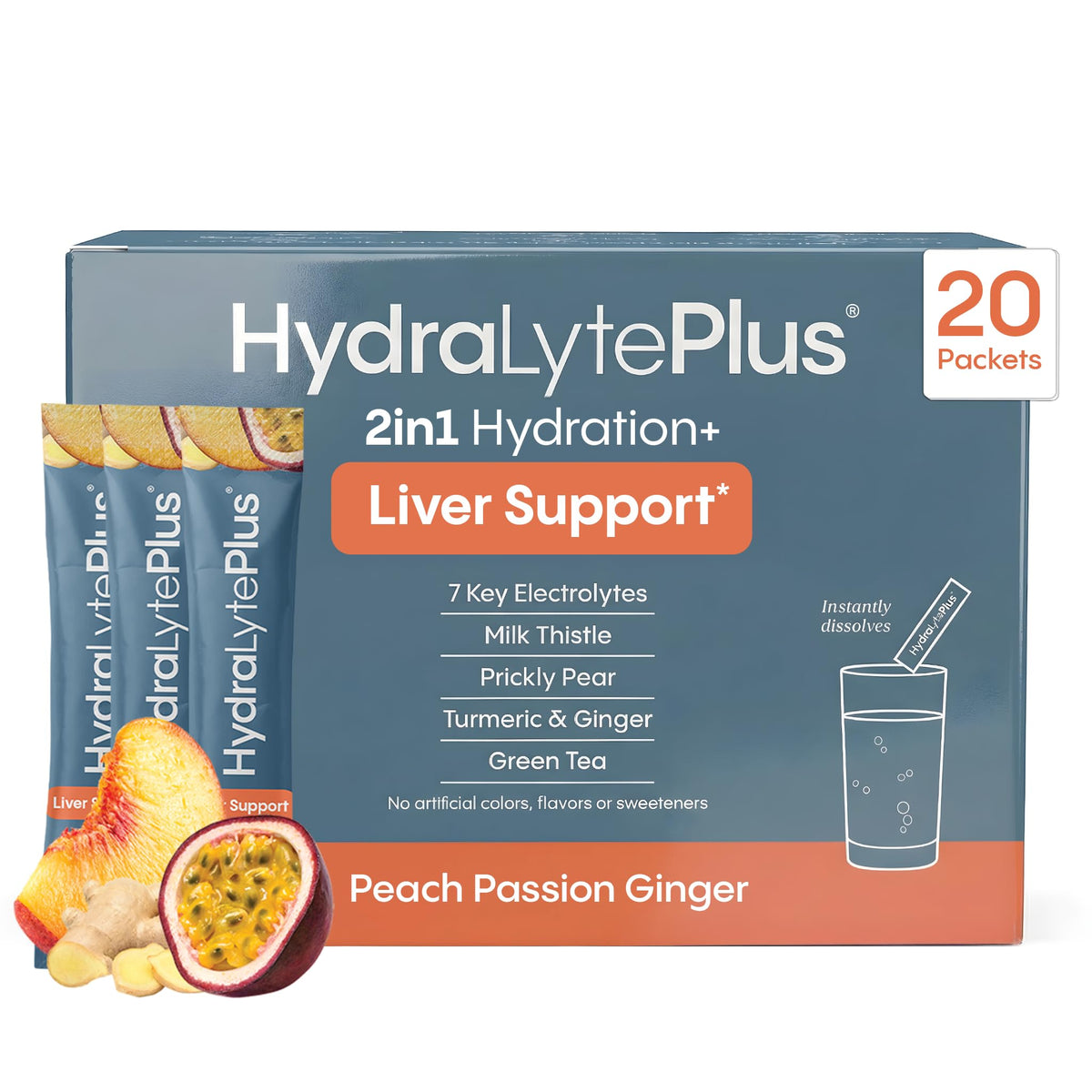 Hydralyte sachet pêche-passion-gingembre, hydratation rapide après l’effort et goût fruité.