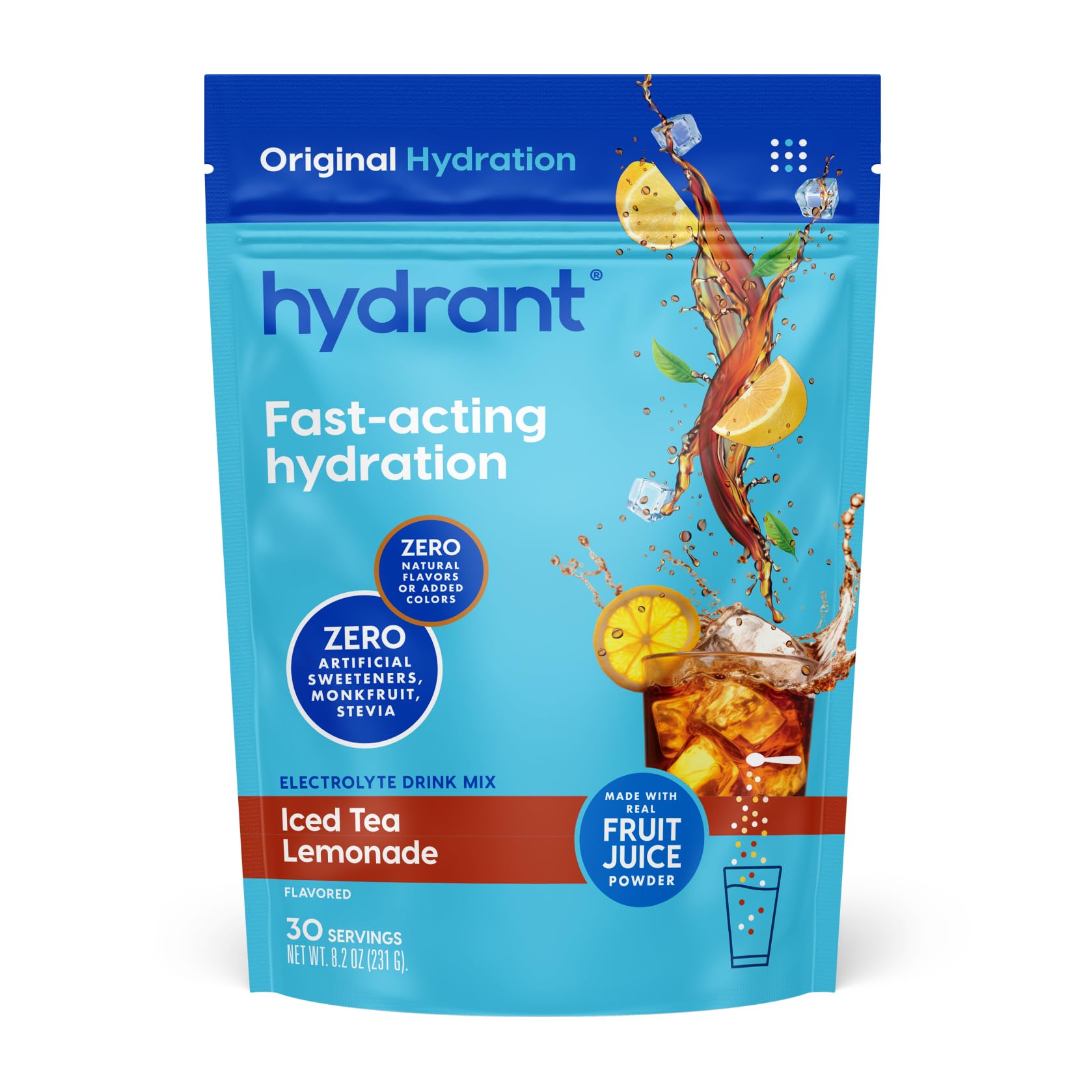 HYDRANT poudre électrolyte boîte et dose, hydratation rapide au réveil avec faible calorie.