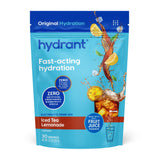 HYDRANT poudre électrolyte boîte et dose, hydratation rapide au réveil avec faible calorie.
