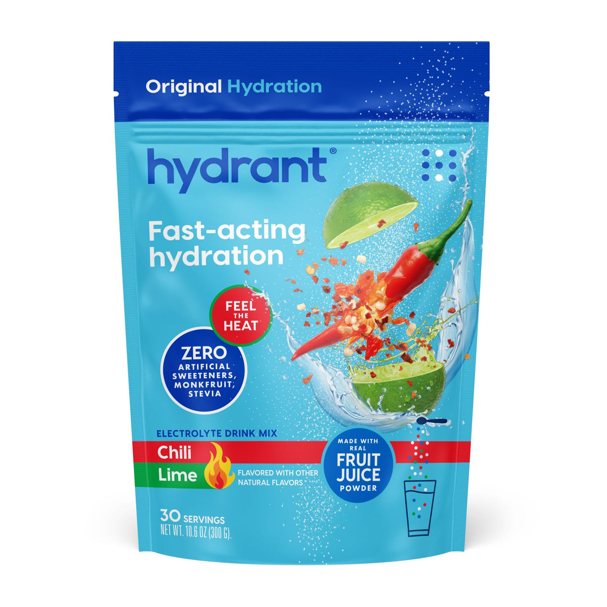 HYDRANT électrolyte en poudre Chili Lime dans emballage, hydratation rapide et pratique.