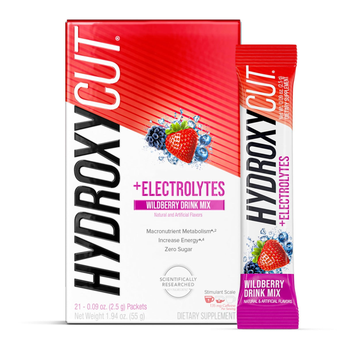 Hydroxycut Drink Mix sachets Saveur Baie Sauvage prêt à emporter.