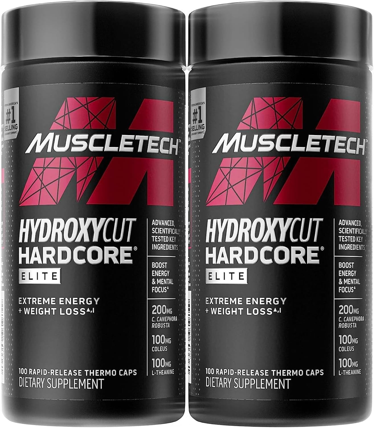 Hydroxycut Hardcore Elite : bouteille et pack double pour énergie et concentration au quotidien.