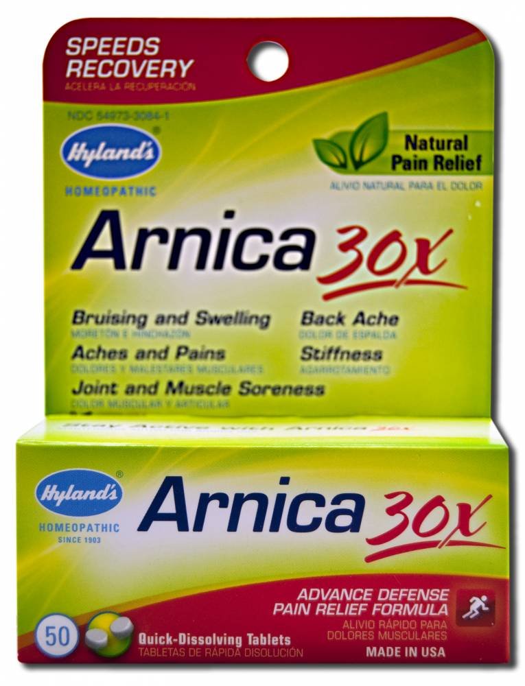 Hyland's Arnica 30x, bouteille de pilules, soulagement temporaire après effort.