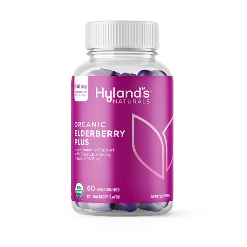 Hyland's Gommes Sureau Noir Plus – bouteille, soutien immunitaire potentiel.