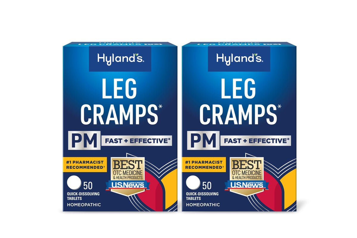 Hyland's Leg Cramps PM, boîte visible et étiquette, usage nocturne facile