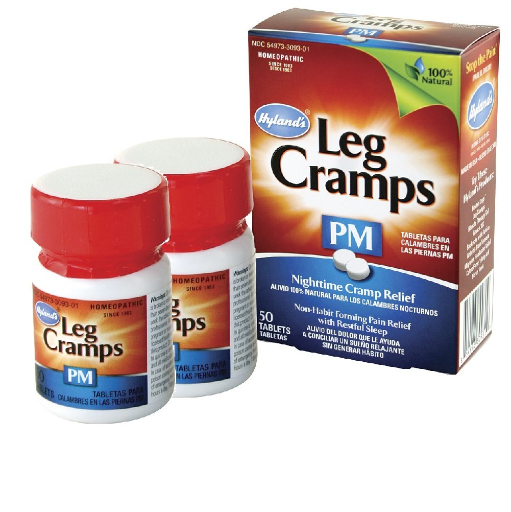 Hyland's Tablettes PM Jambes Crampes — bouteille montrant un soulagement rapide sans eau
