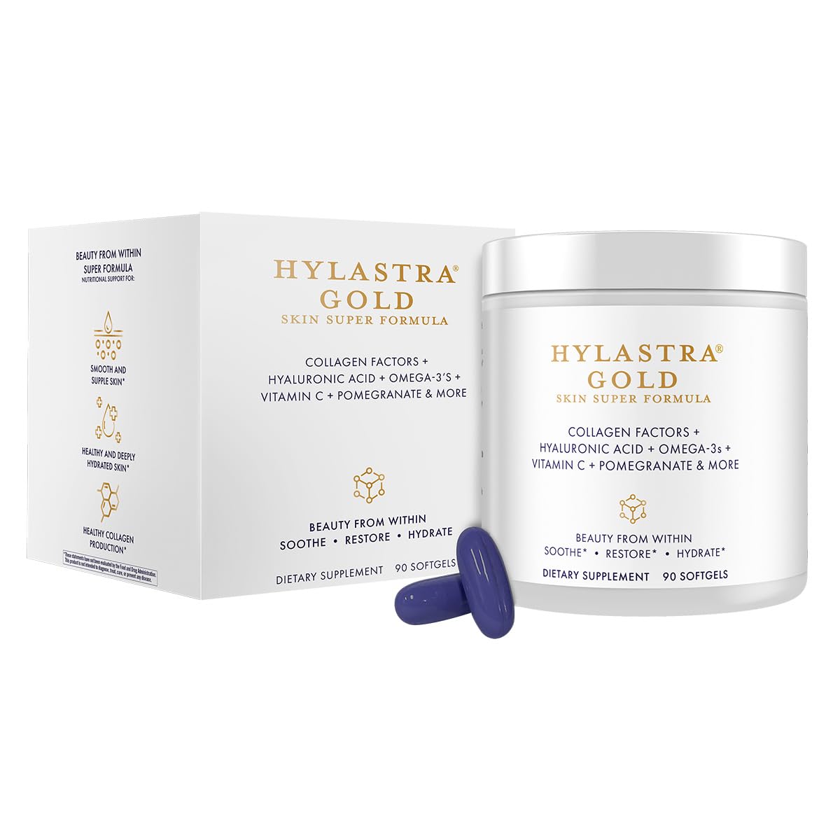 Purity Products Hylastra Gold – capsules moules montrant hydratation cutanée efficace