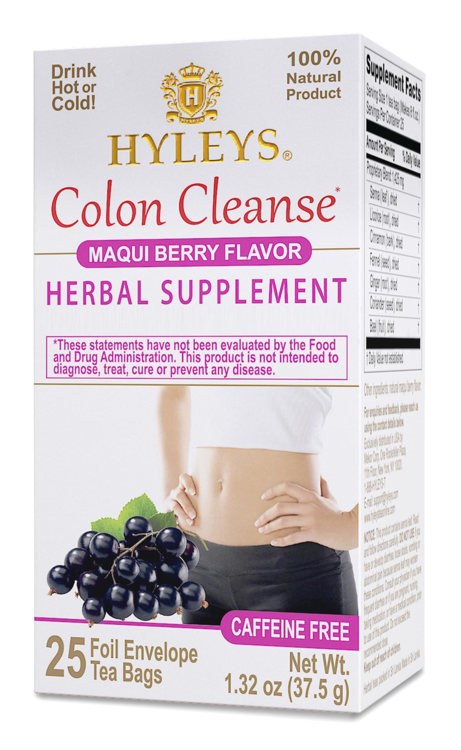 Thé Hyleys Colon Cleanse baie de maqui, infusion sans caféine pour la digestion.