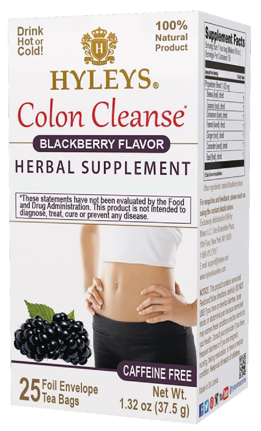 Thé HYLEYS Colon Cleanse Framboise – emballage élégant pour débuter une routine bien-être.