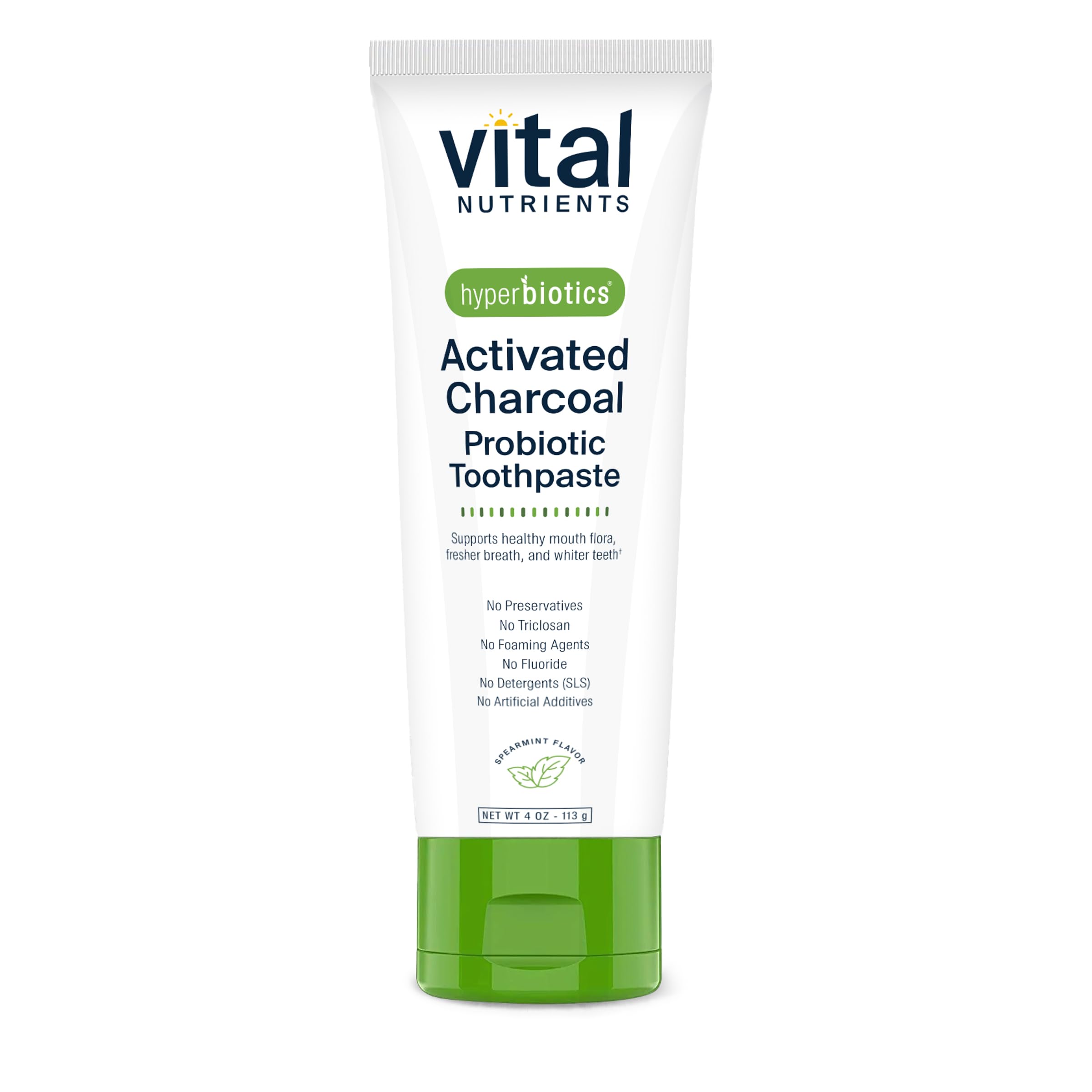Hyperbiotics pâte dentaire charbon actif montrant le tube pour une hygiène buccale naturelle.