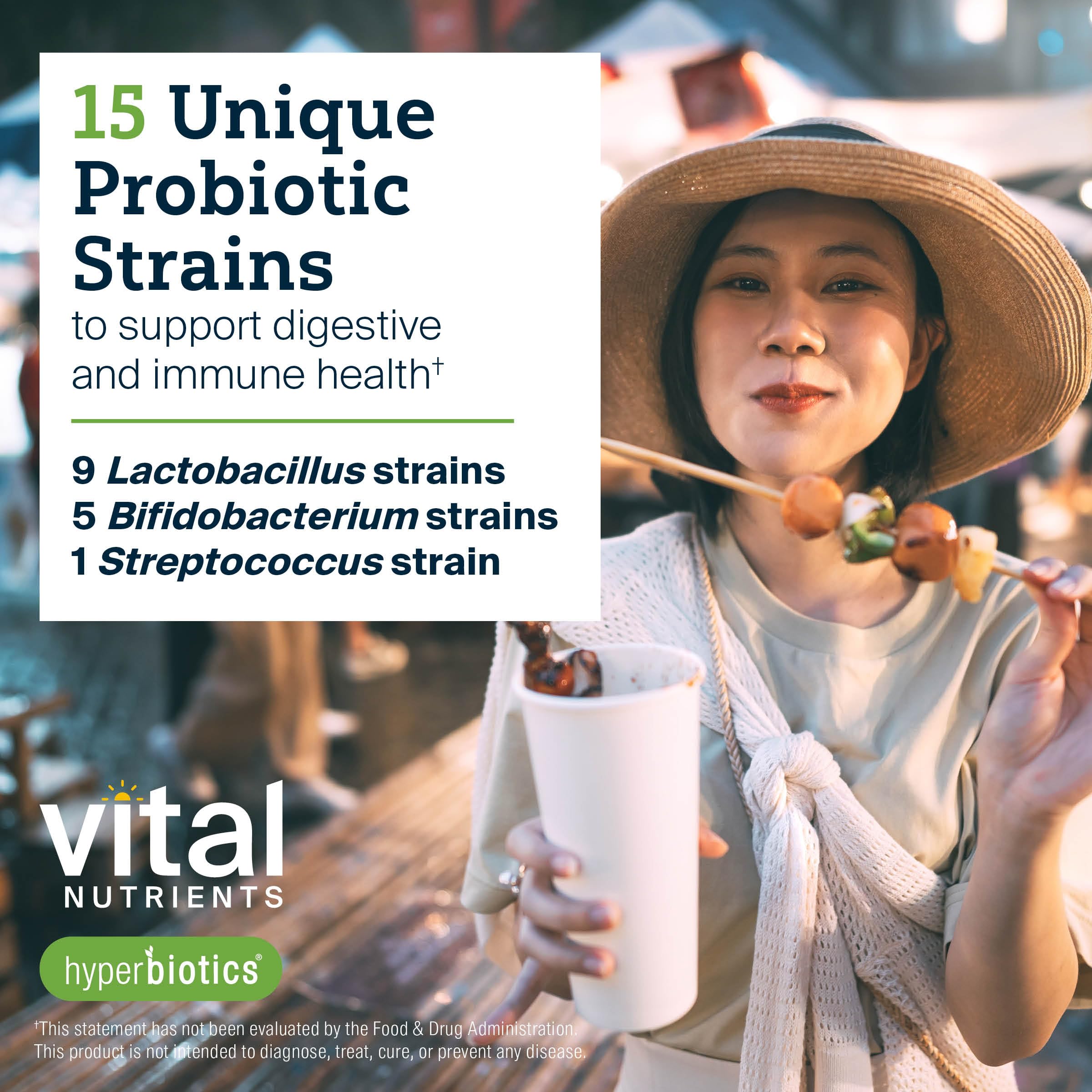 Hyperbiotics Pro-15: 15 souches probiotiques variées pour une diversité microbienne potentielle.
