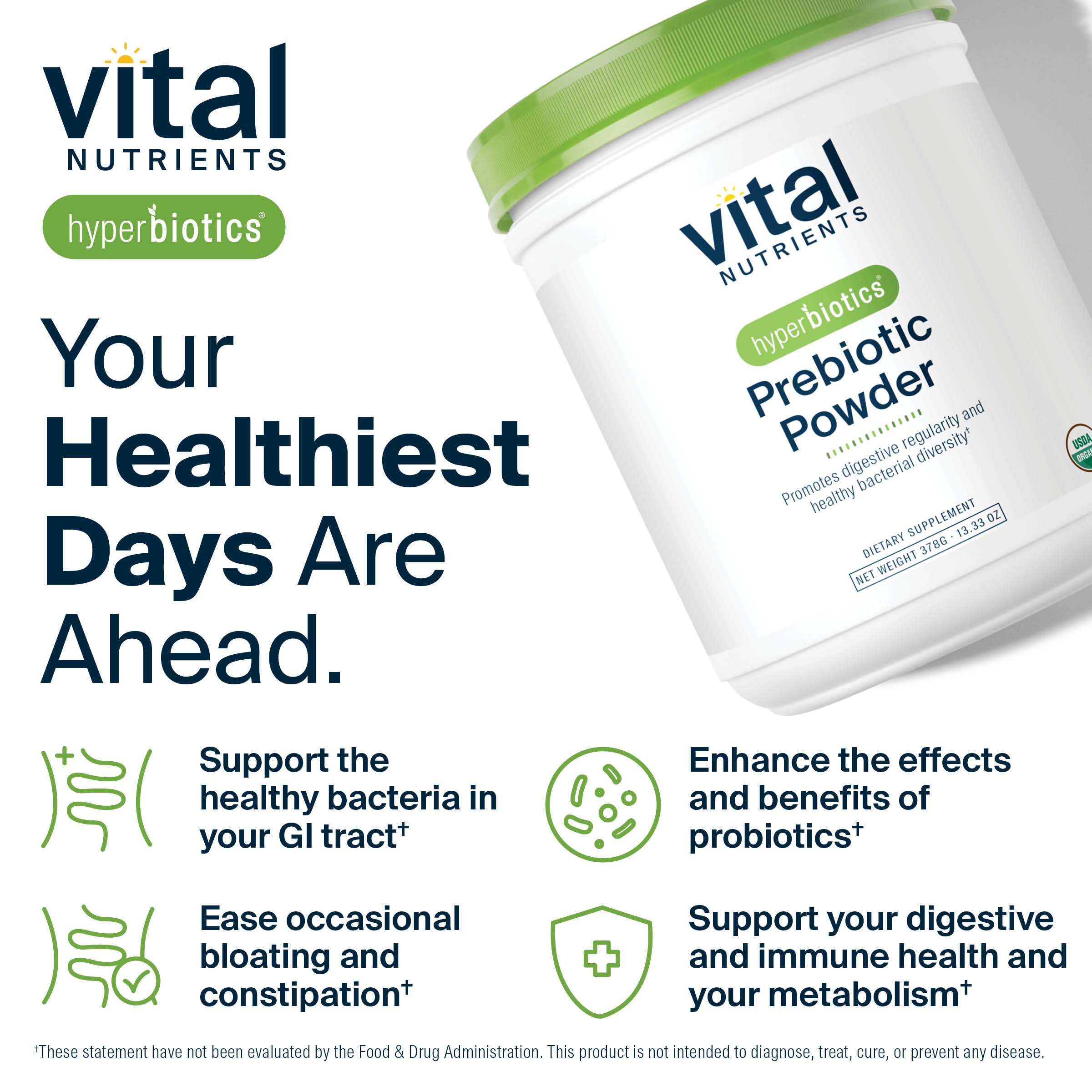 Hyperbiotics Vital Nutrients Poudre prébiotique organique, cuillère-dose incluse pour un dosage fiable