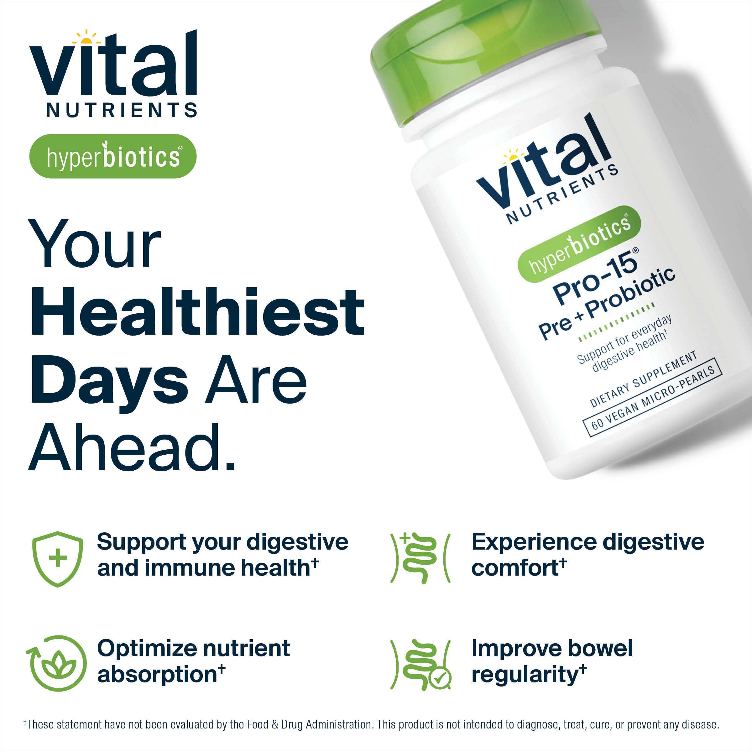 Hyperbiotics Vital Nutrients Pro-15 — sans-gluten-sans-lactose, adapté à divers régimes.