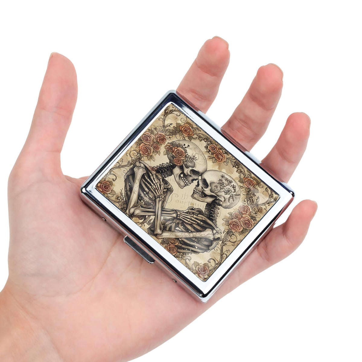 Hypetal boîte pilules métal motif crâne-bouquet, élégant et pratique