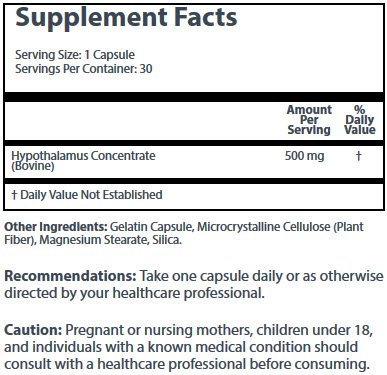 Hypothalamus 500 mg concentré bovin argentin — flacon clair pour votre routine personnelle.
