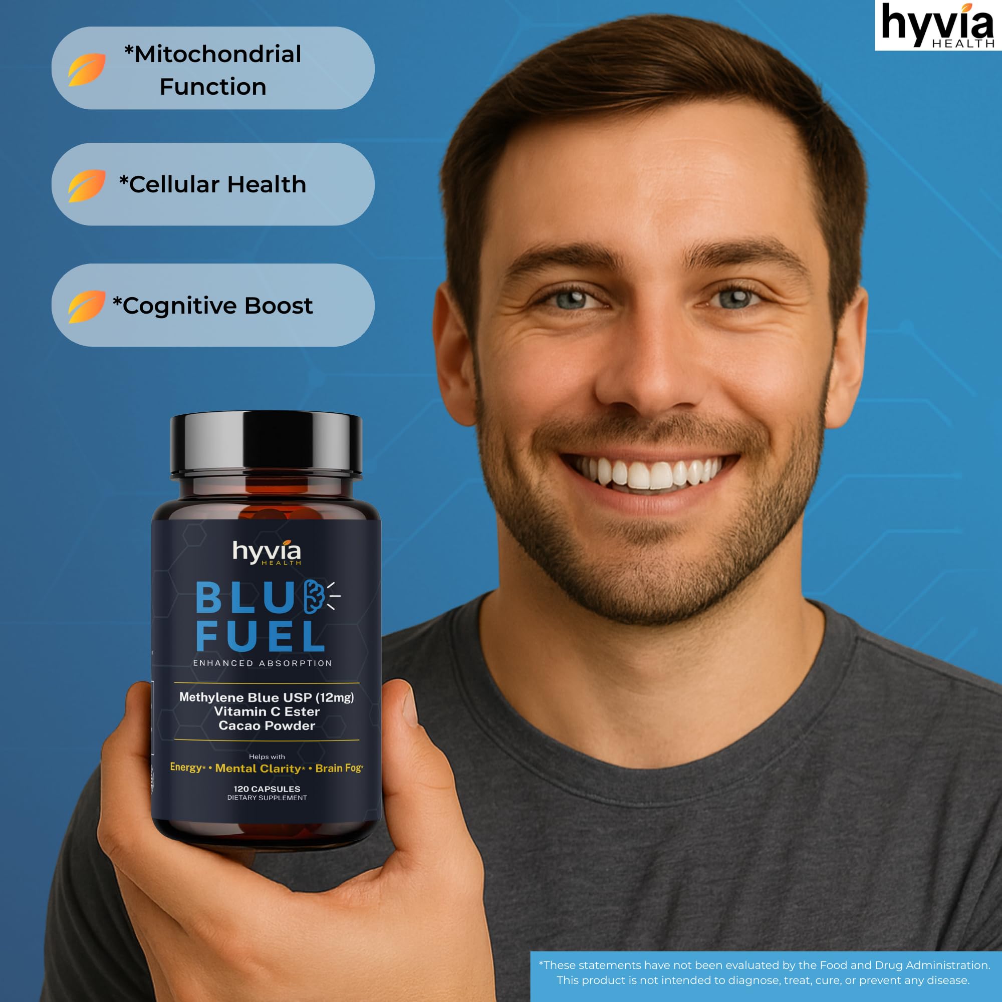 Hyvia Health bouteille ambrée États-Unis, protection UV et stabilité du produit.