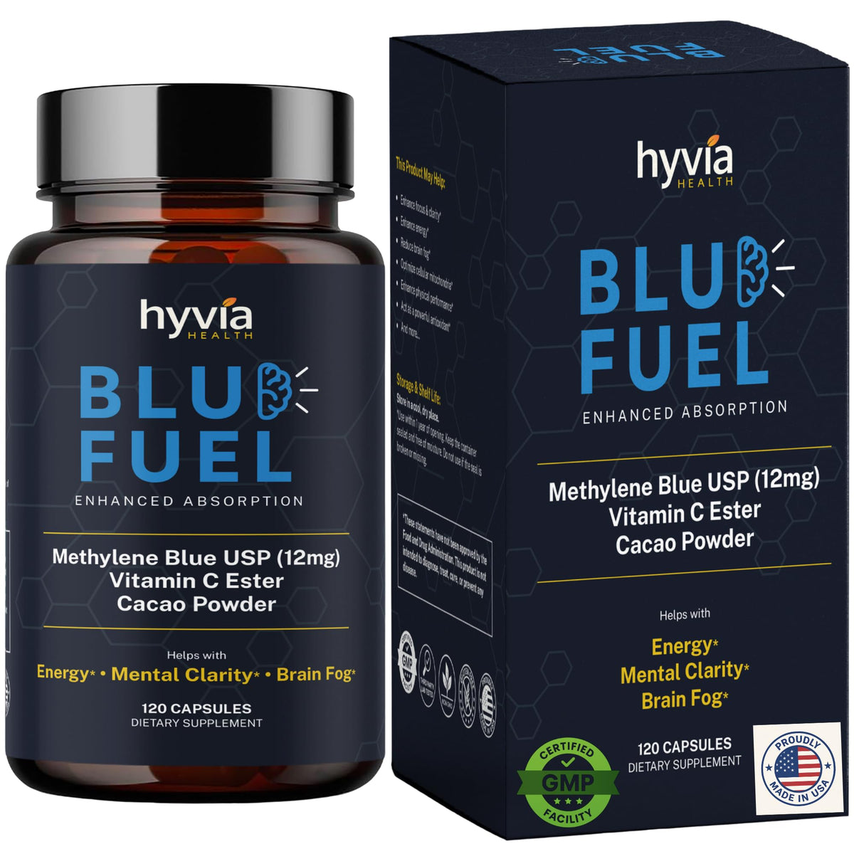 Hyvia Health capsules bleu de méthylène, dosage précis pour un soutien cognitif potentiel.