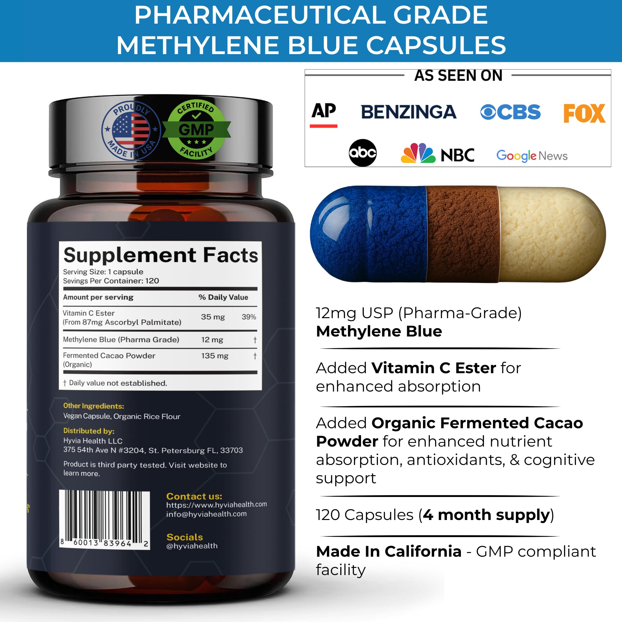Hyvia Health capsules vitamine C ajoutée pour absorption améliorée et énergie mentale.