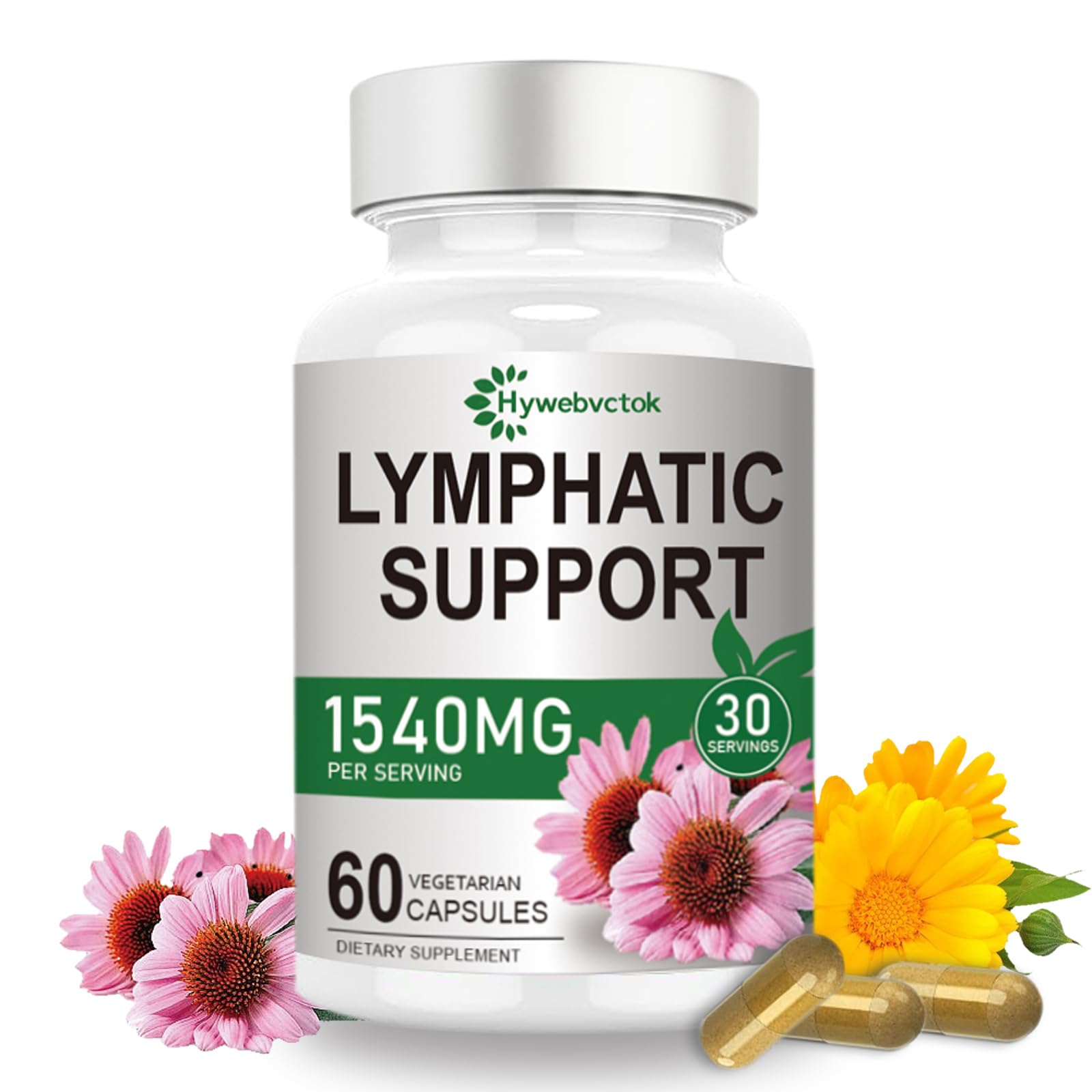 Hywebvctok lymph-draine-bouteille montre le produit et son accessoire, soutien potentiel du drainage lymphatique.