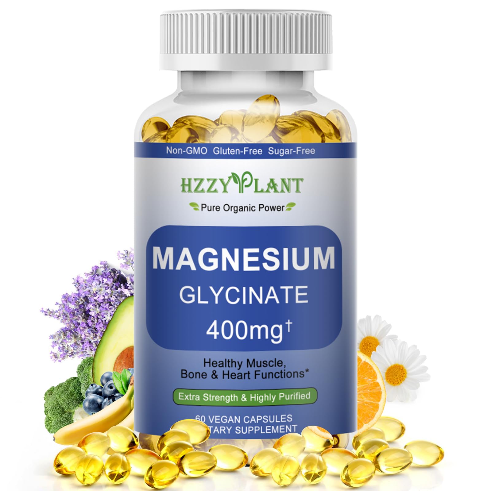 HZZYPLANT Magnésium glycinate – capsules molles pour soutien musculaire et sommeil.