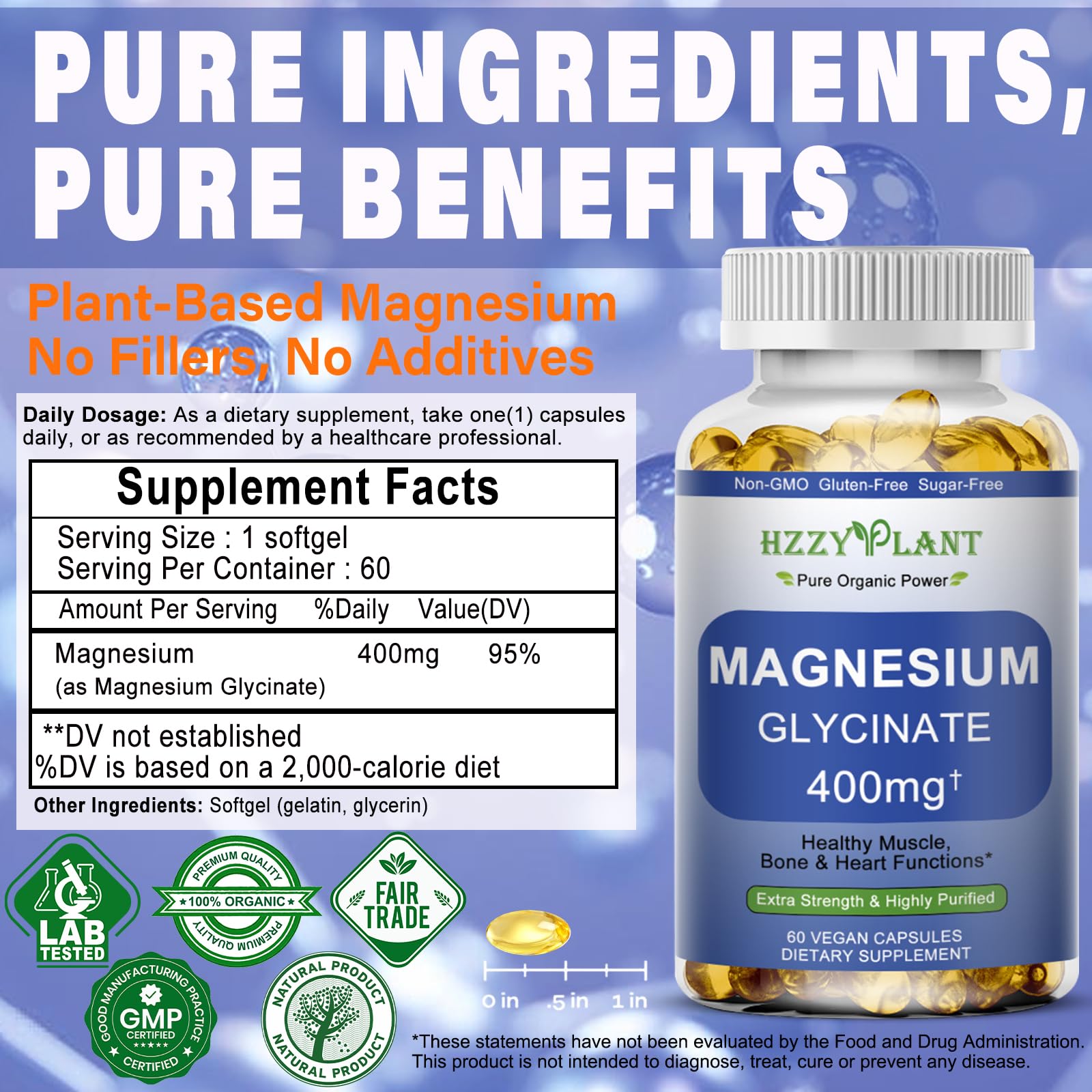 HZZYPLANT Magnésium glycinate – formule vegan pour récupération et énergie au quotidien.