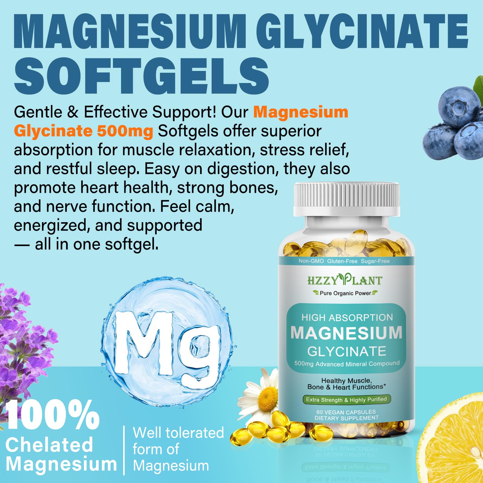 Gélules magnésium 500 mg HZZYPLANT — absorption élevée pour soutien musculaire.