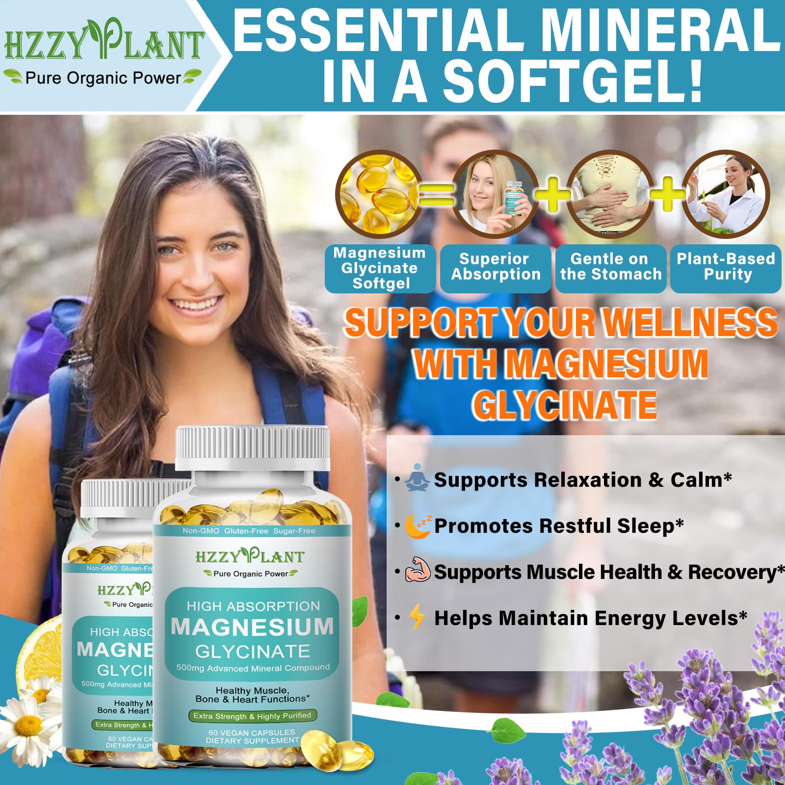 Gélules HZZYPLANT magnésium 500 mg avec eau, prise rapide et pratique.