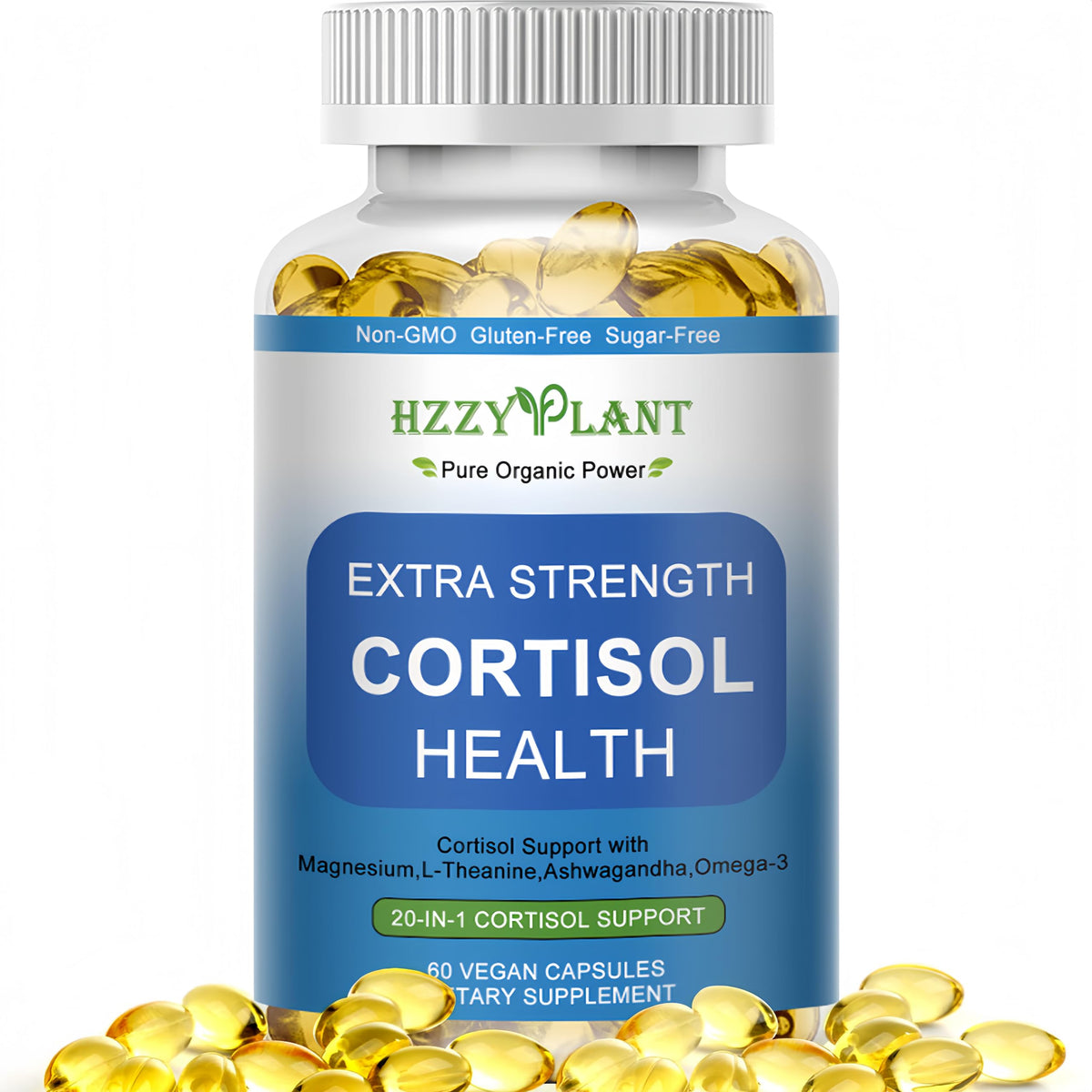 HZZYPLANT cortisol softgel bouteille: soutien potentiel au stress quotidien grâce à une absorption rapide.