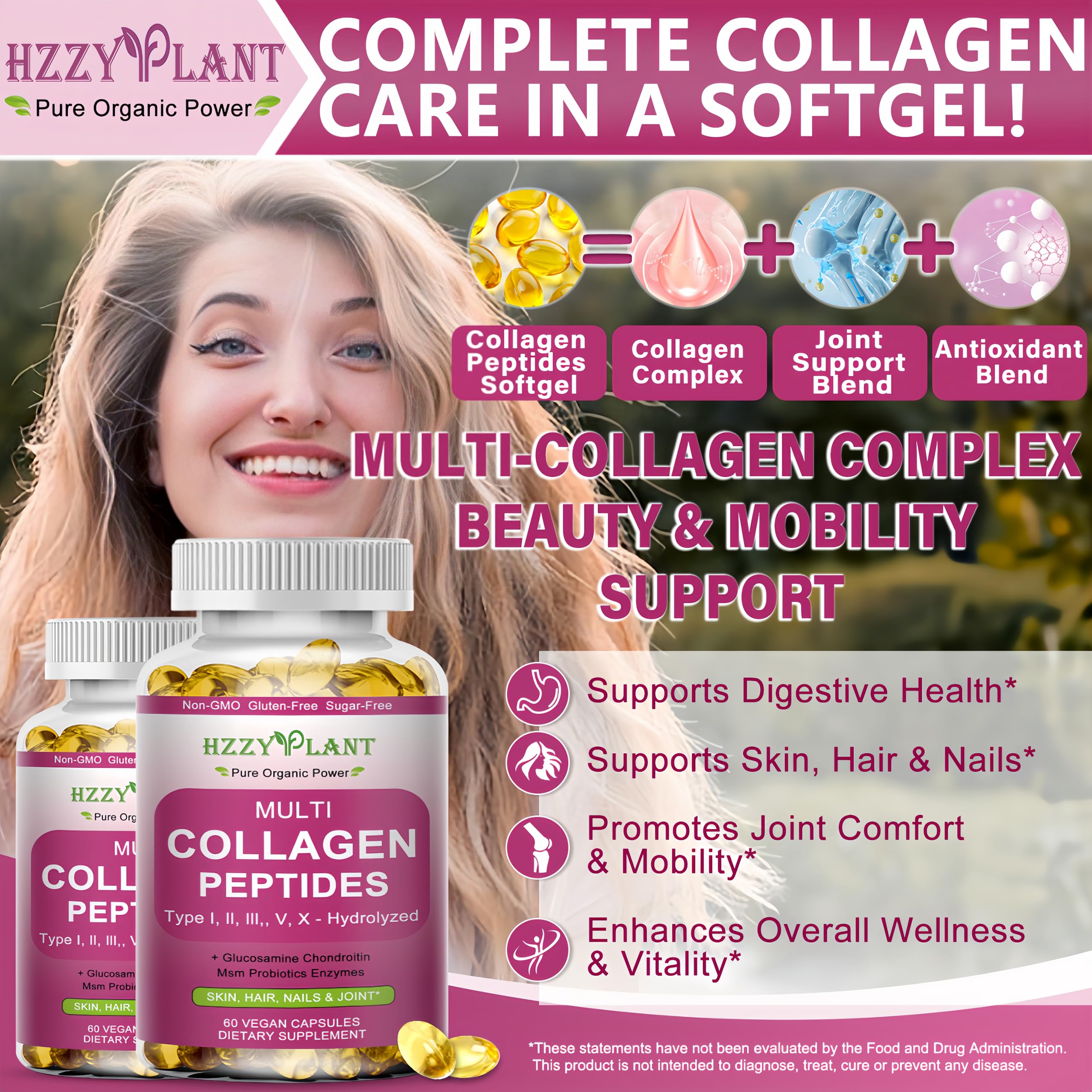 HZZYPLANT multicollagène, boîte ouverte avec capsules molles, facilité d'utilisation au quotidien.