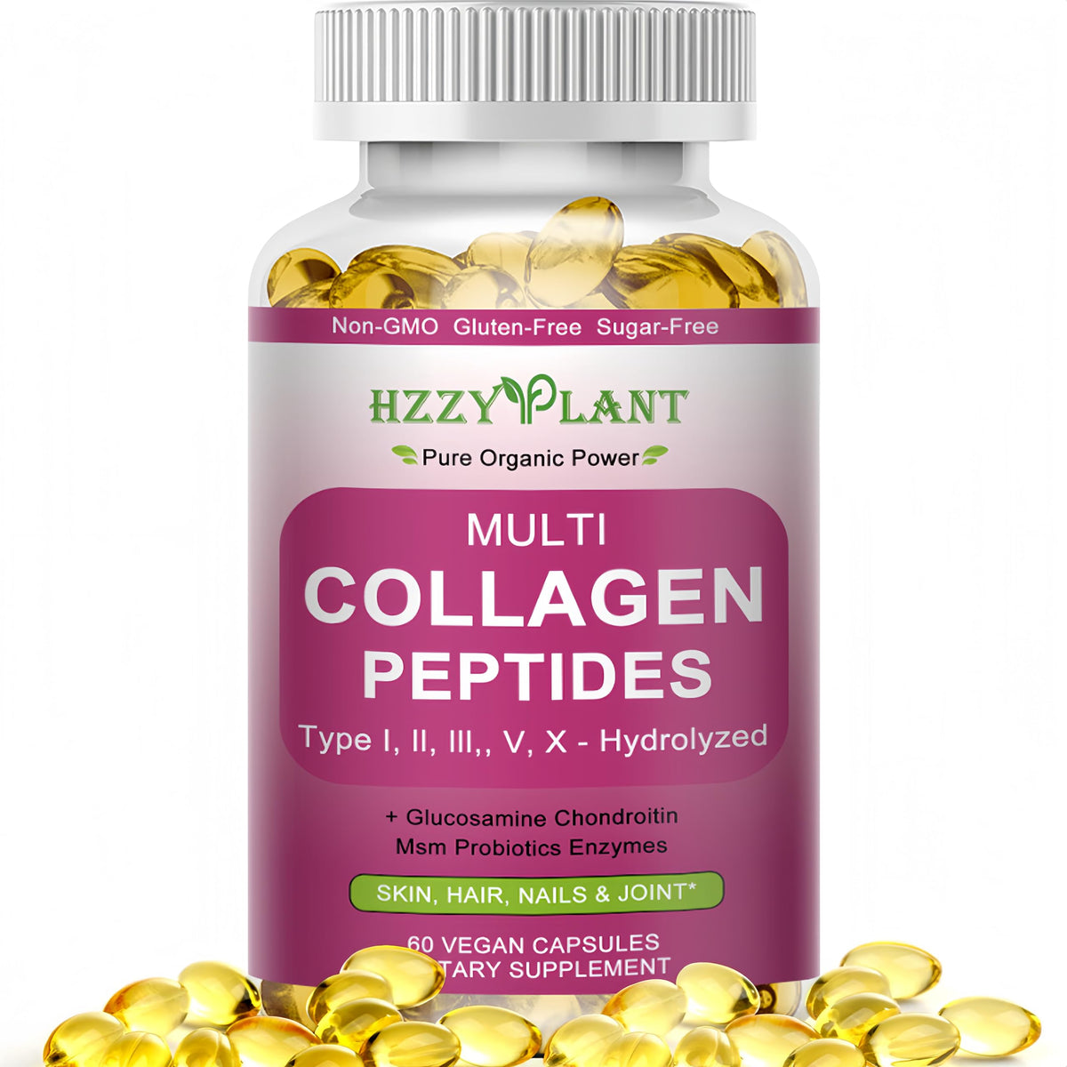 HZZYPLANT multicollagène, boîte de capsules molles, soutien beauté et mobilité quotidienne.