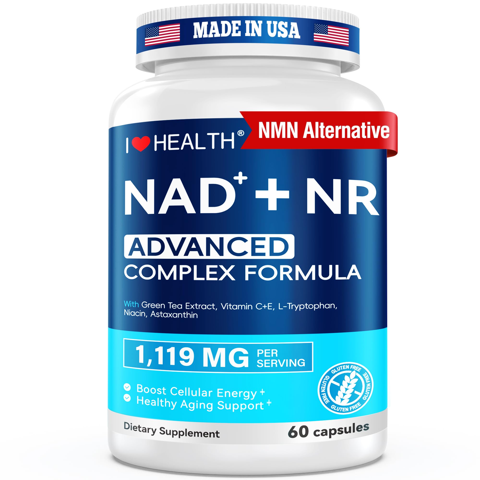 I LOVE HEALTH NAD – bouteille avec capsules, énergie potentielle au quotidien.