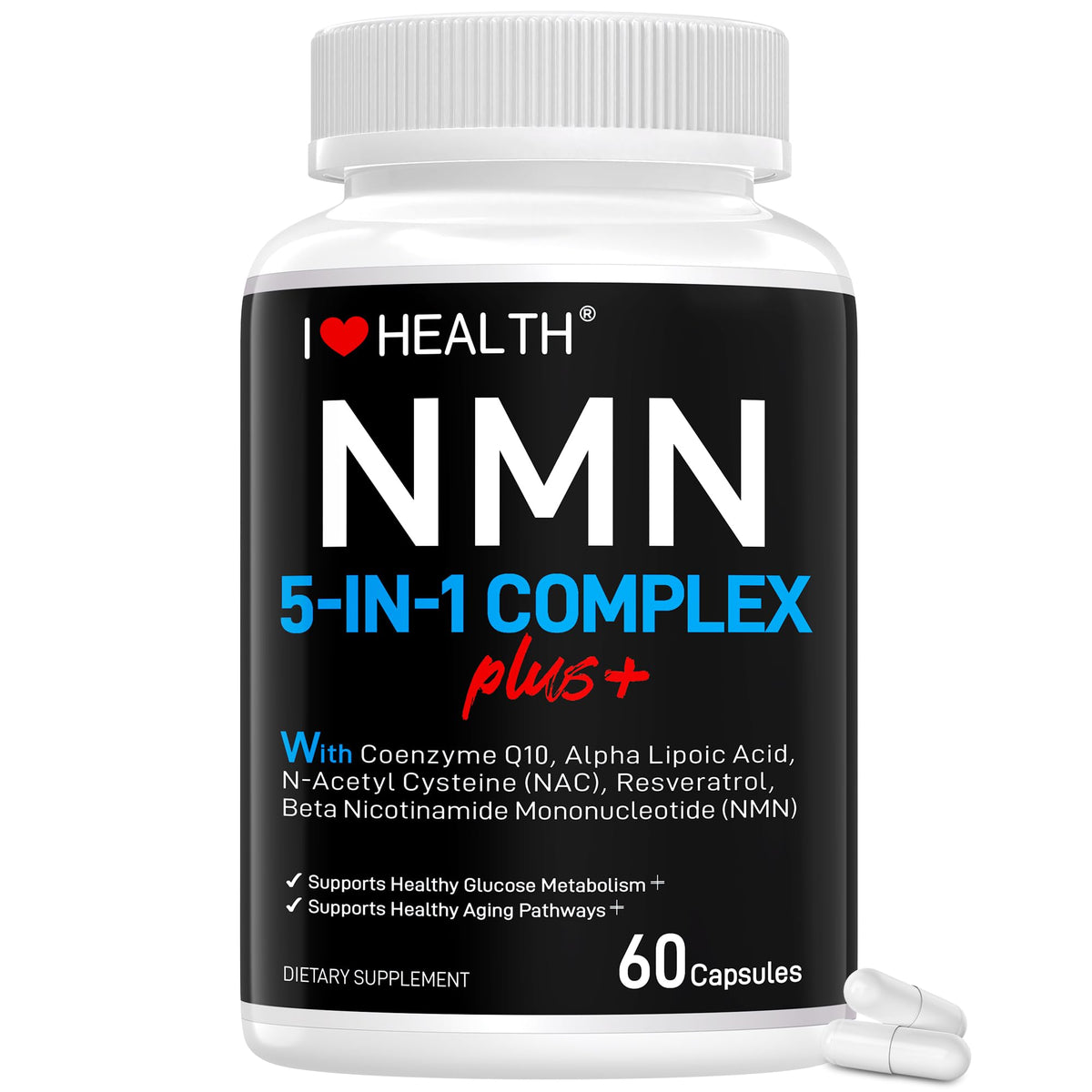 Flacon NMN Complex Plus+ I LOVE HEALTH prêt à booster l'énergie quotidienne.