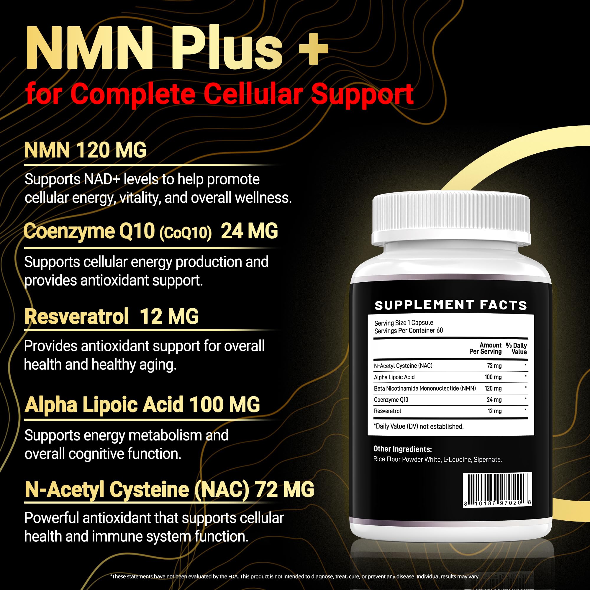 Gros plan sur les capsules NMN Complex Plus+ montrant texture et couleur.