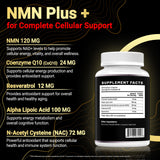 Gros plan sur les capsules NMN Complex Plus+ montrant texture et couleur.