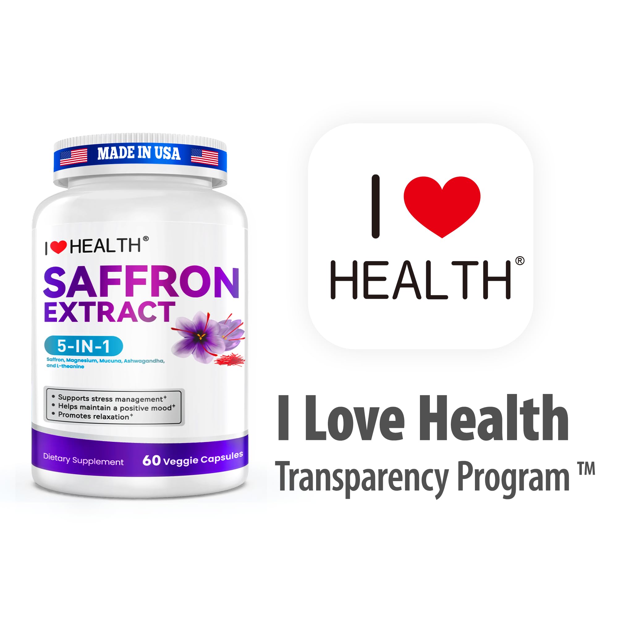 Étiquette propre et transparente pour I LOVE HEALTH Safranal, sans colorants artificiels.