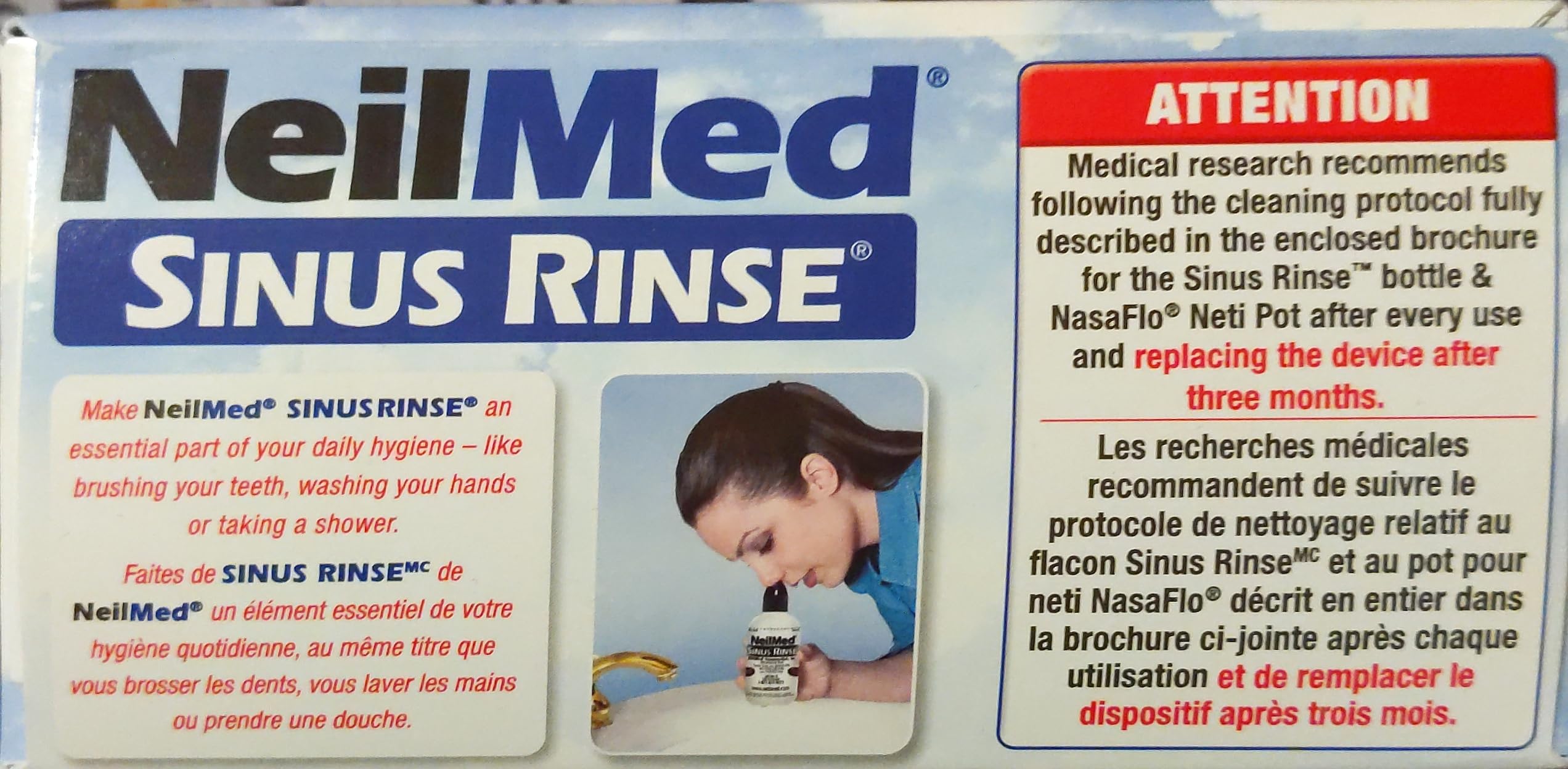 Usage à la maison NeilMed Sinus Rinse pour respirer plus librement et confort.