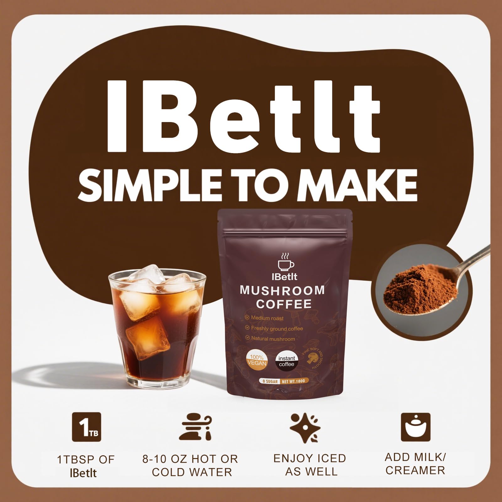 IBetIt Ingrédients adaptogènes – cordyceps, reishi et lions-mane illustrés.
