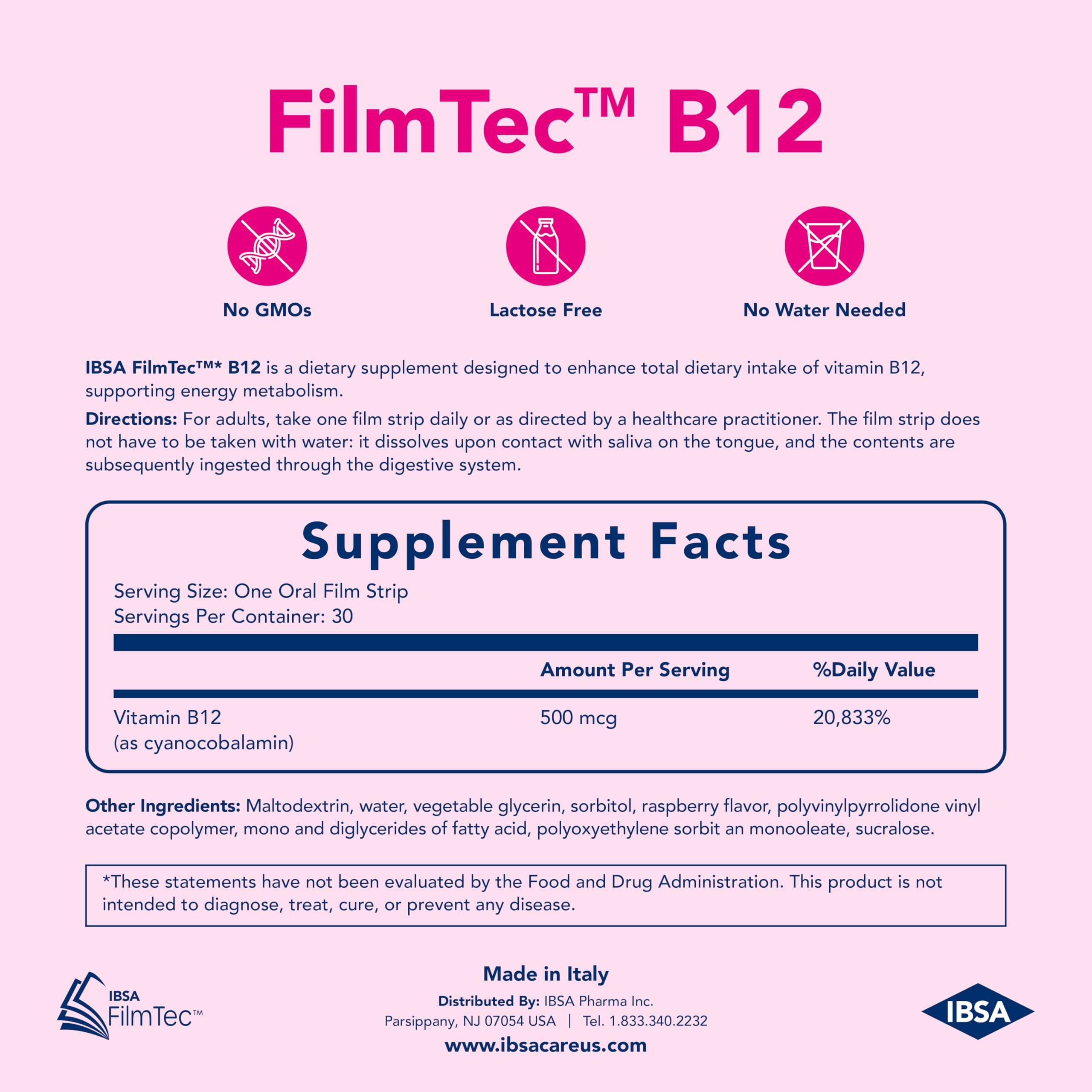 Ibsa FilmTec B12, goût framboise agréable pour une prise.