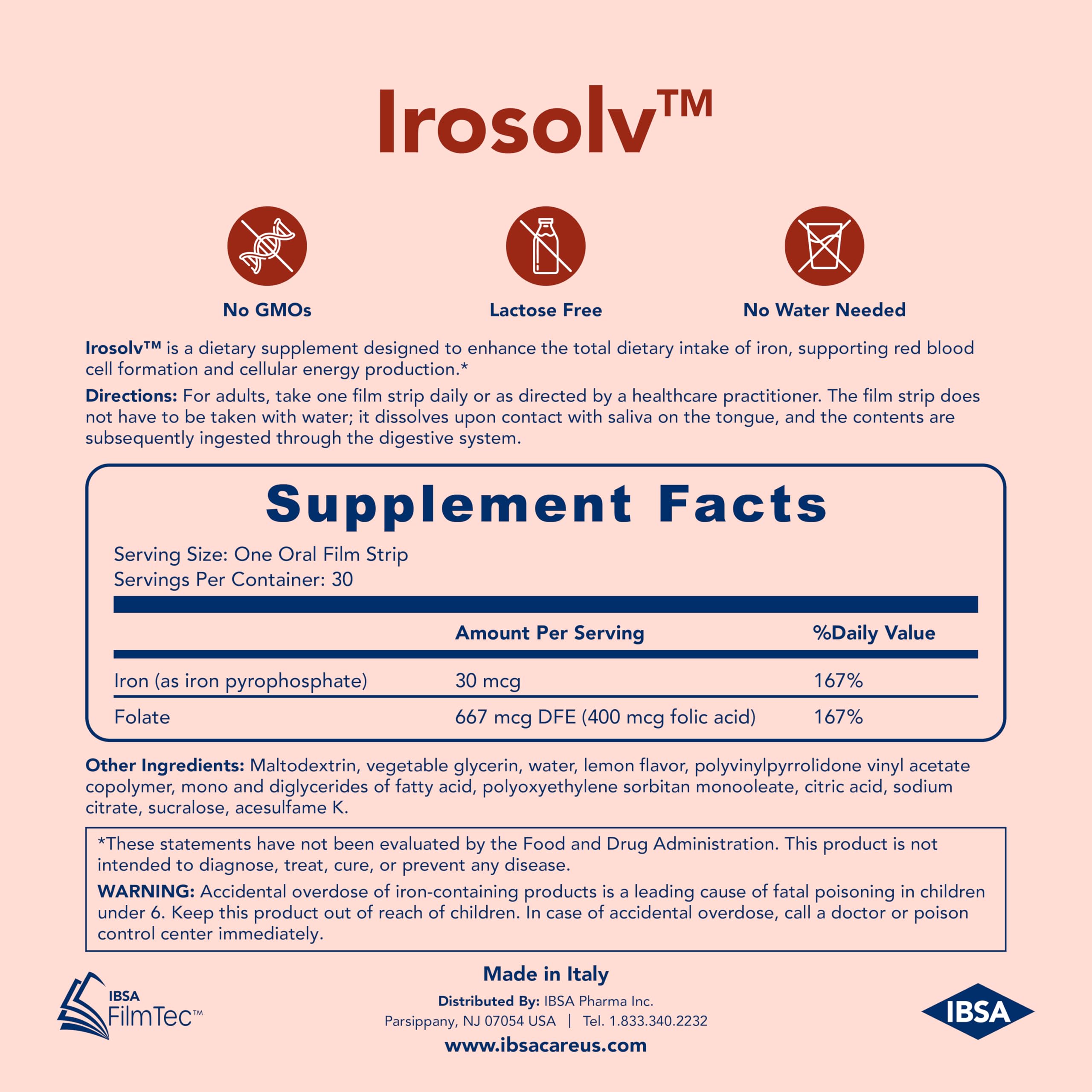 Ibsa Irosolv, sans gluten, lactose et sucre, adapté à divers régimes.