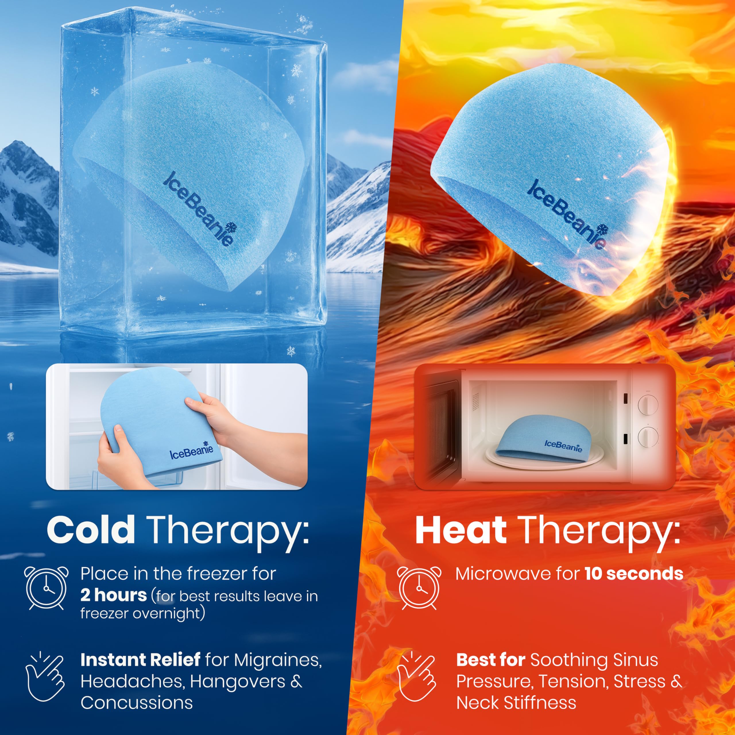 IceBeanie cap efficace en déplacement, facile à congeler ou chauffer