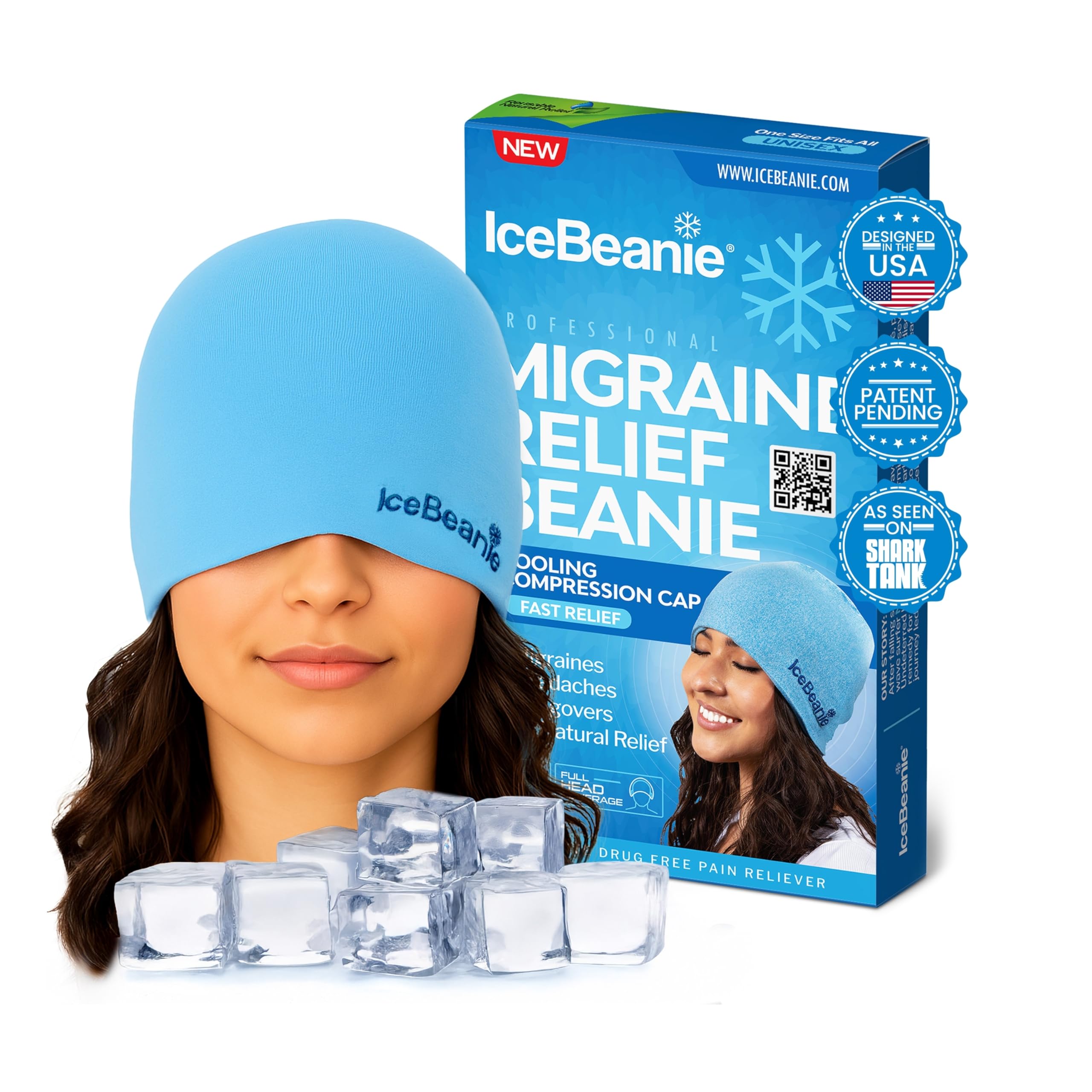 IceBeanie porté sur la tête pour un soulagement des migraines et couverture complète.
