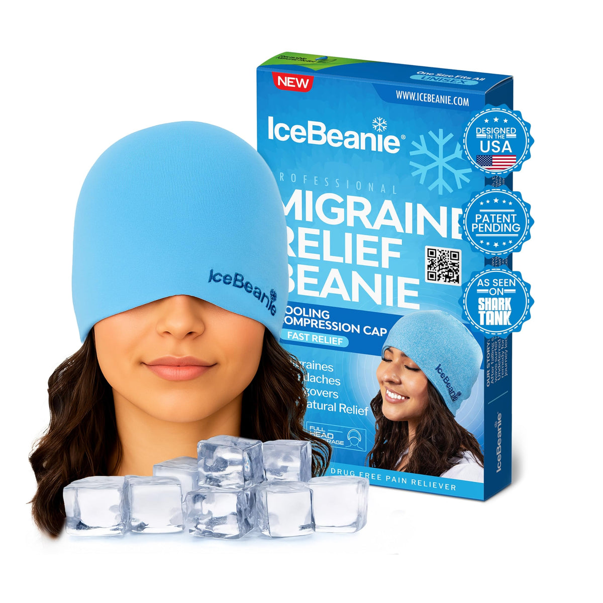 IceBeanie porté sur la tête pour un soulagement des migraines et couverture complète.
