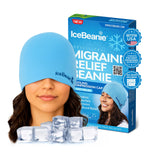 IceBeanie porté sur la tête pour un soulagement des migraines et couverture complète.