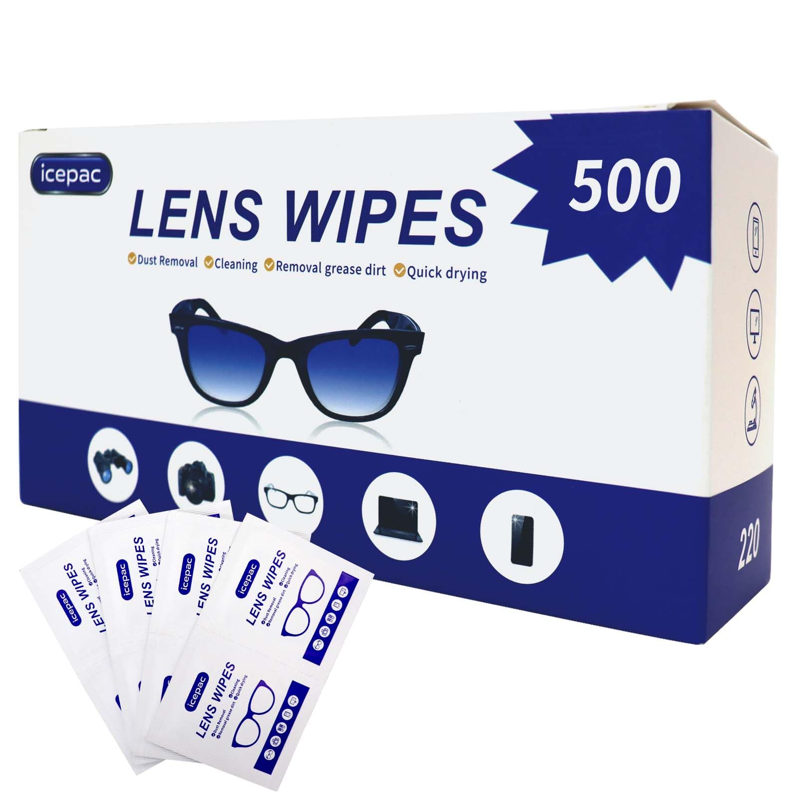 Icepac lingettes lunettes emballées individuellement pratique pour nettoyage rapide en déplacement.