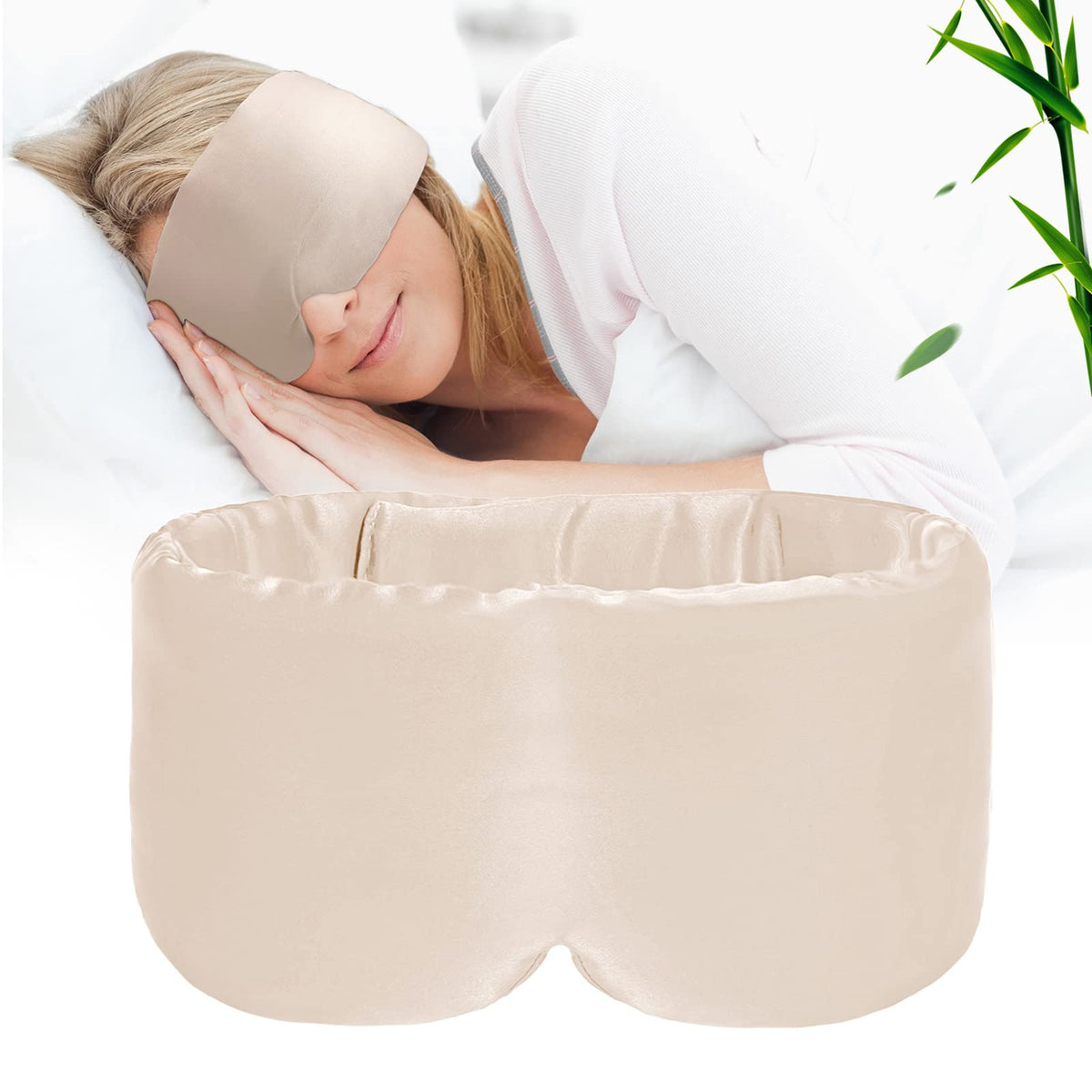 Masque iCooBreeze en bambou abricot: blocage lumière pour sommeil profond.
